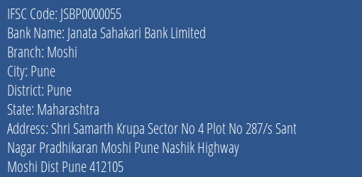 Janata Sahakari Bank Limited Moshi Branch, Branch Code 000055 & IFSC Code JSBP0000055