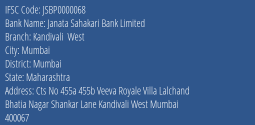 Janata Sahakari Bank Limited Kandivali West Branch, Branch Code 000068 & IFSC Code JSBP0000068
