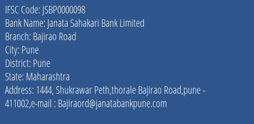 Janata Sahakari Bank Limited Bajirao Road Branch, Branch Code 000098 & IFSC Code JSBP0000098