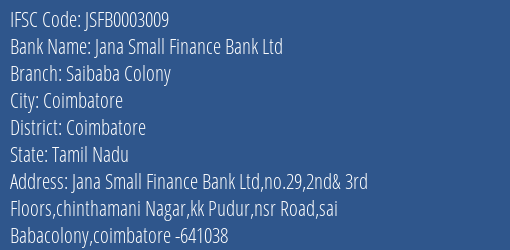 Jana Small Finance Bank Ltd Saibaba Colony Branch, Branch Code 003009 & IFSC Code JSFB0003009