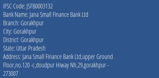 Jana Small Finance Bank Ltd Gorakhpur Branch, Branch Code 003132 & IFSC Code JSFB0003132