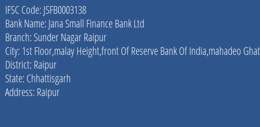 Jana Small Finance Bank Ltd Sunder Nagar Raipur Branch, Branch Code 003138 & IFSC Code JSFB0003138