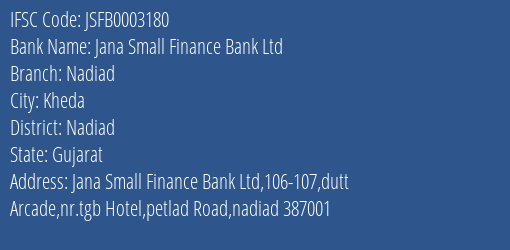 Jana Small Finance Bank Ltd Nadiad Branch, Branch Code 003180 & IFSC Code JSFB0003180
