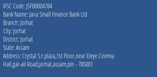 Jana Small Finance Bank Ltd Jorhat Branch, Branch Code 004784 & IFSC Code JSFB0004784