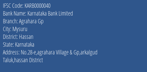 Karnataka Bank Limited Agrahara Gp Branch, Branch Code 000040 & IFSC Code KARB0000040