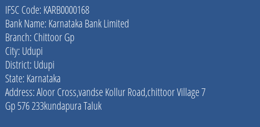 Karnataka Bank Limited Chittoor Gp Branch, Branch Code 000168 & IFSC Code KARB0000168