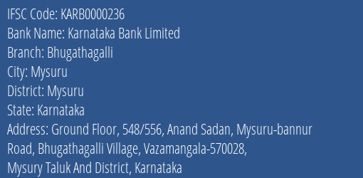 Karnataka Bank Limited Bhugathagalli Branch, Branch Code 000236 & IFSC Code KARB0000236