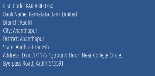 Karnataka Bank Kadiri Branch Ananthapur IFSC Code KARB0000360