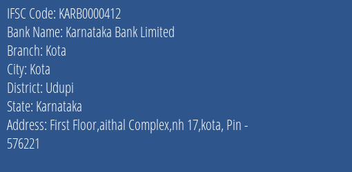 Karnataka Bank Kota Branch Udupi IFSC Code KARB0000412