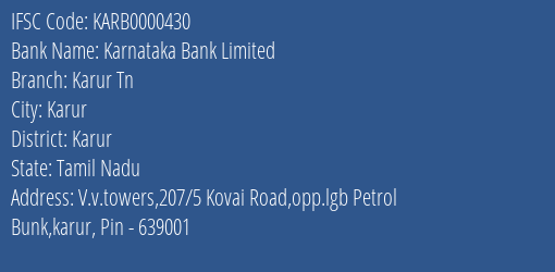 Karnataka Bank Limited Karur Tn Branch, Branch Code 000430 & IFSC Code KARB0000430
