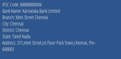 Karnataka Bank Mint Street Chennai Branch Chennai IFSC Code KARB0000494