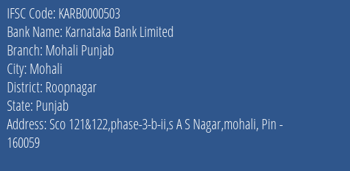 Karnataka Bank Mohali Punjab Branch Roopnagar IFSC Code KARB0000503
