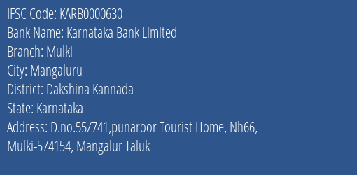 Karnataka Bank Mulki Branch Dakshina Kannada IFSC Code KARB0000630