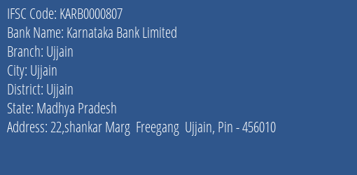 Karnataka Bank Ujjain Branch Ujjain IFSC Code KARB0000807