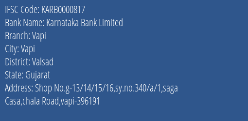 Karnataka Bank Vapi Branch Valsad IFSC Code KARB0000817