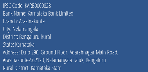 Karnataka Bank Arasinakunte Branch Bengaluru Rural IFSC Code KARB0000828