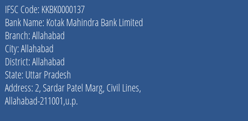 Kotak Mahindra Bank Limited Allahabad Branch IFSC Code