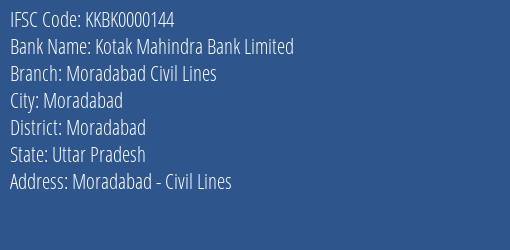 Kotak Mahindra Bank Limited Moradabad Civil Lines Branch, Branch Code 000144 & IFSC Code KKBK0000144