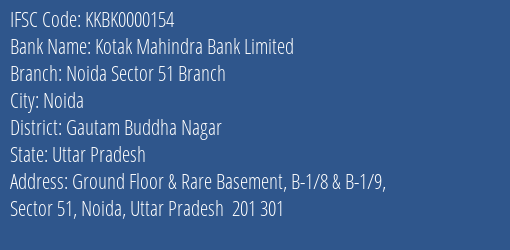 Kotak Mahindra Bank Limited Noida Sector 51 Branch Branch, Branch Code 000154 & IFSC Code KKBK0000154