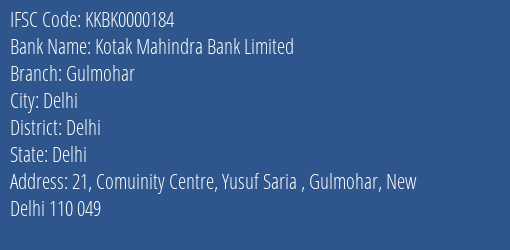 Kotak Mahindra Bank Limited Gulmohar Branch, Branch Code 000184 & IFSC Code KKBK0000184