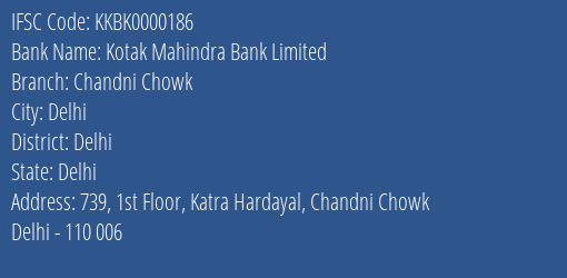 Kotak Mahindra Bank Limited Chandni Chowk Branch, Branch Code 000186 & IFSC Code KKBK0000186