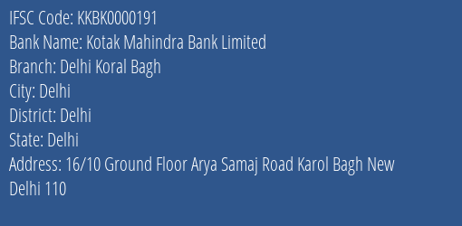 Kotak Mahindra Bank Limited Delhi Koral Bagh Branch IFSC Code