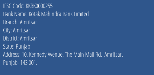 Kotak Mahindra Bank Limited Amritsar Branch, Branch Code 000255 & IFSC Code KKBK0000255