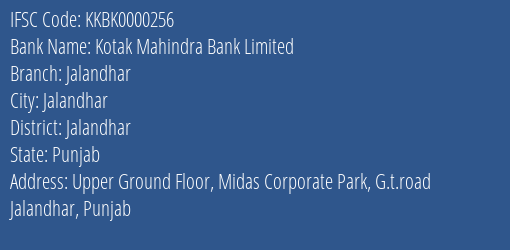 Kotak Mahindra Bank Limited Jalandhar Branch, Branch Code 000256 & IFSC Code KKBK0000256