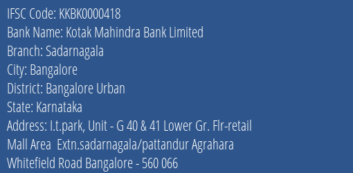 Kotak Mahindra Bank Limited Sadarnagala Branch, Branch Code 000418 & IFSC Code KKBK0000418