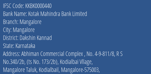Kotak Mahindra Bank Mangalore Branch Dakshin Kannad IFSC Code KKBK0000440