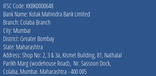 Kotak Mahindra Bank Colaba Branch Branch Greater Bombay IFSC Code KKBK0000648
