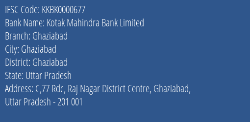 Kotak Mahindra Bank Limited Ghaziabad Branch, Branch Code 000677 & IFSC Code KKBK0000677