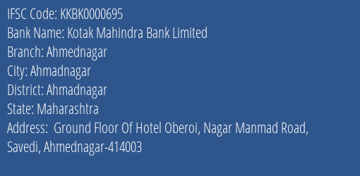Kotak Mahindra Bank Limited Ahmednagar Branch, Branch Code 000695 & IFSC Code KKBK0000695