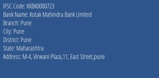 Kotak Mahindra Bank Limited Pune Branch, Branch Code 000723 & IFSC Code KKBK0000723