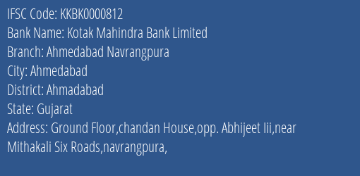 Kotak Mahindra Bank Limited Ahmedabad Navrangpura Branch IFSC Code