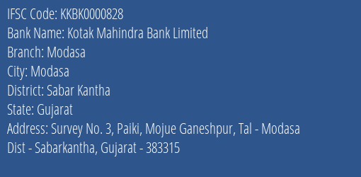 Kotak Mahindra Bank Modasa Branch Sabar Kantha IFSC Code KKBK0000828