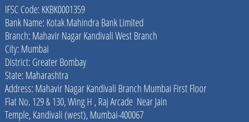 Kotak Mahindra Bank Mahavir Nagar Kandivali West Branch Branch Greater Bombay IFSC Code KKBK0001359