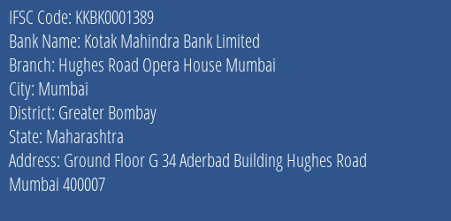 Kotak Mahindra Bank Hughes Road Opera House Mumbai Branch Greater Bombay IFSC Code KKBK0001389