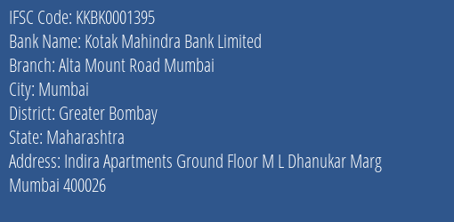 Kotak Mahindra Bank Alta Mount Road Mumbai Branch Greater Bombay IFSC Code KKBK0001395
