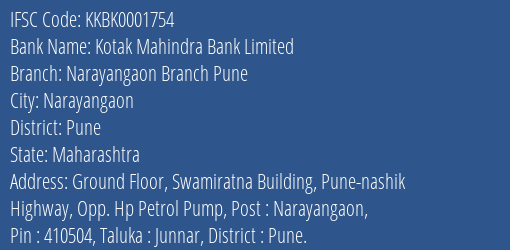 Kotak Mahindra Bank Limited Narayangaon Branch Pune Branch, Branch Code 001754 & IFSC Code KKBK0001754