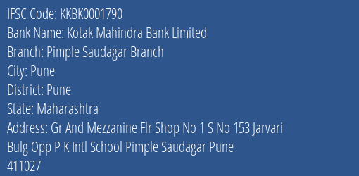 Kotak Mahindra Bank Pimple Saudagar Branch Branch Pune IFSC Code KKBK0001790