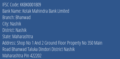 Kotak Mahindra Bank Limited Bhanwad Branch, Branch Code 001809 & IFSC Code KKBK0001809