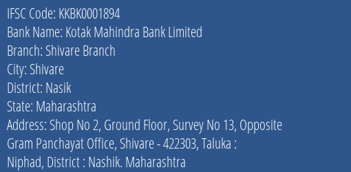 Kotak Mahindra Bank Shivare Branch Branch Nasik IFSC Code KKBK0001894