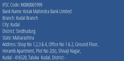 Kotak Mahindra Bank Kudal Branch Branch Sindhudurg IFSC Code KKBK0001999
