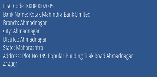 Kotak Mahindra Bank Ahmadnagar Branch Ahmadnagar IFSC Code KKBK0002035
