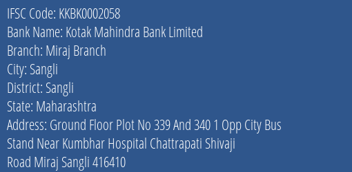 Kotak Mahindra Bank Miraj Branch Branch Sangli IFSC Code KKBK0002058