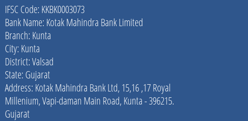 Kotak Mahindra Bank Kunta Branch Valsad IFSC Code KKBK0003073