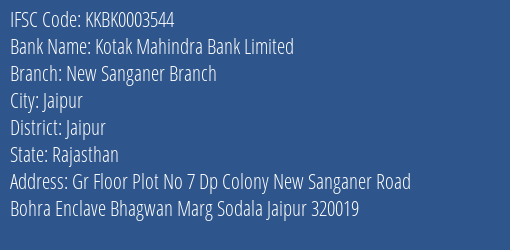 Kotak Mahindra Bank New Sanganer Branch Branch Jaipur IFSC Code KKBK0003544