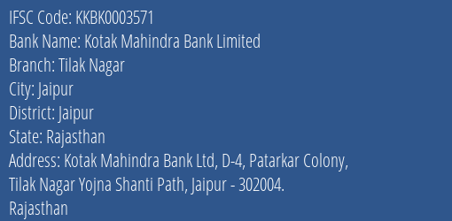Kotak Mahindra Bank Tilak Nagar Branch Jaipur IFSC Code KKBK0003571