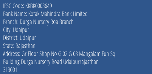 Kotak Mahindra Bank Limited Durga Nursery Roa Branch Branch, Branch Code 003649 & IFSC Code KKBK0003649
